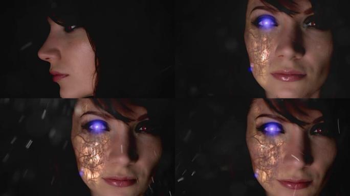 带CGI动画的女性机器人脸的4k特写