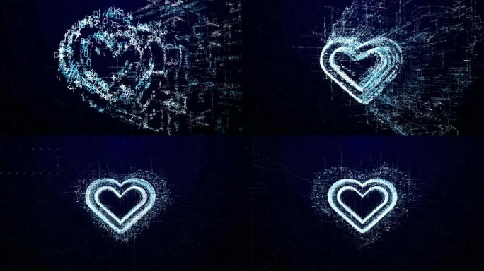 心脏图标由交互式数字和符号组成。数字网络空间中的爱情图标