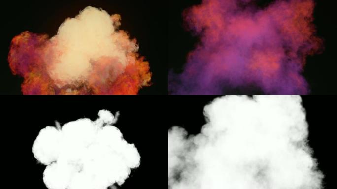 深色背景和阿尔法哑光混合的彩色烟雾的高度逼真的化学云组成。3d渲染。4K，超高清分辨率。