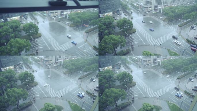 俯拍下雨天的街道路口