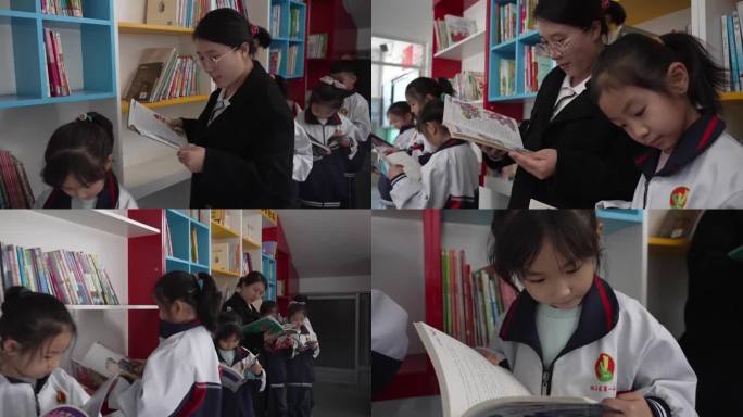 学校老师和学生在图书角看书学习