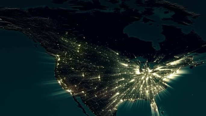 北美夜间地图的浮雕描绘，大光线从城市向上照射