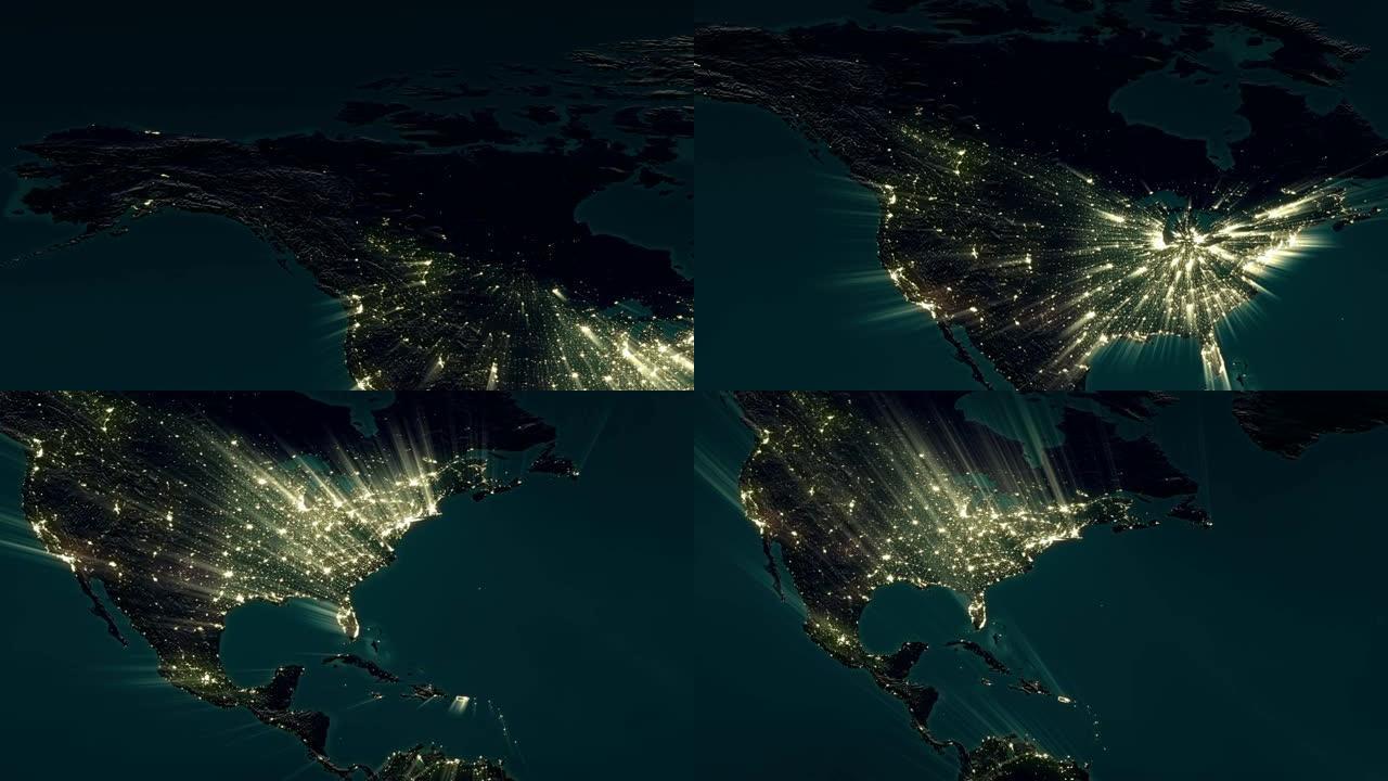 北美夜间地图的浮雕描绘，大光线从城市向上照射