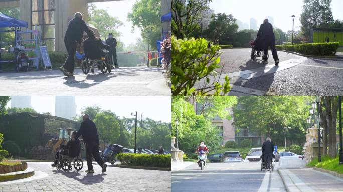 推着轮椅的老人散步 老人背影