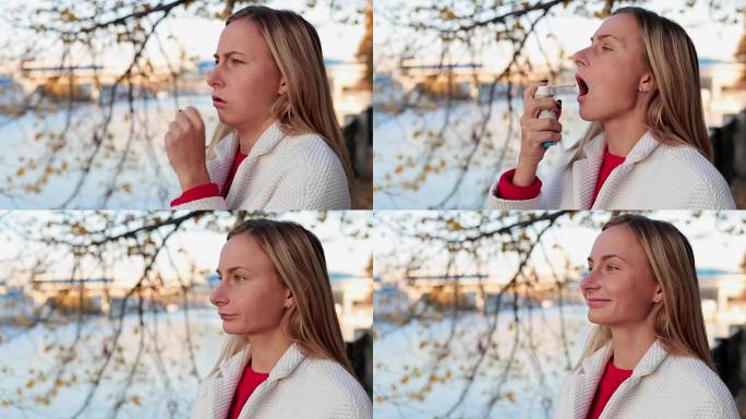 女人使用喉咙喷雾。健康和医学概念