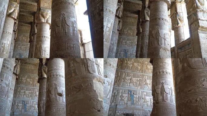 丹德拉神庙或哈索尔神庙的内部。埃及。丹德拉，丹德拉，是埃及的一个小镇。丹德拉神庙建筑群，古埃及上保存