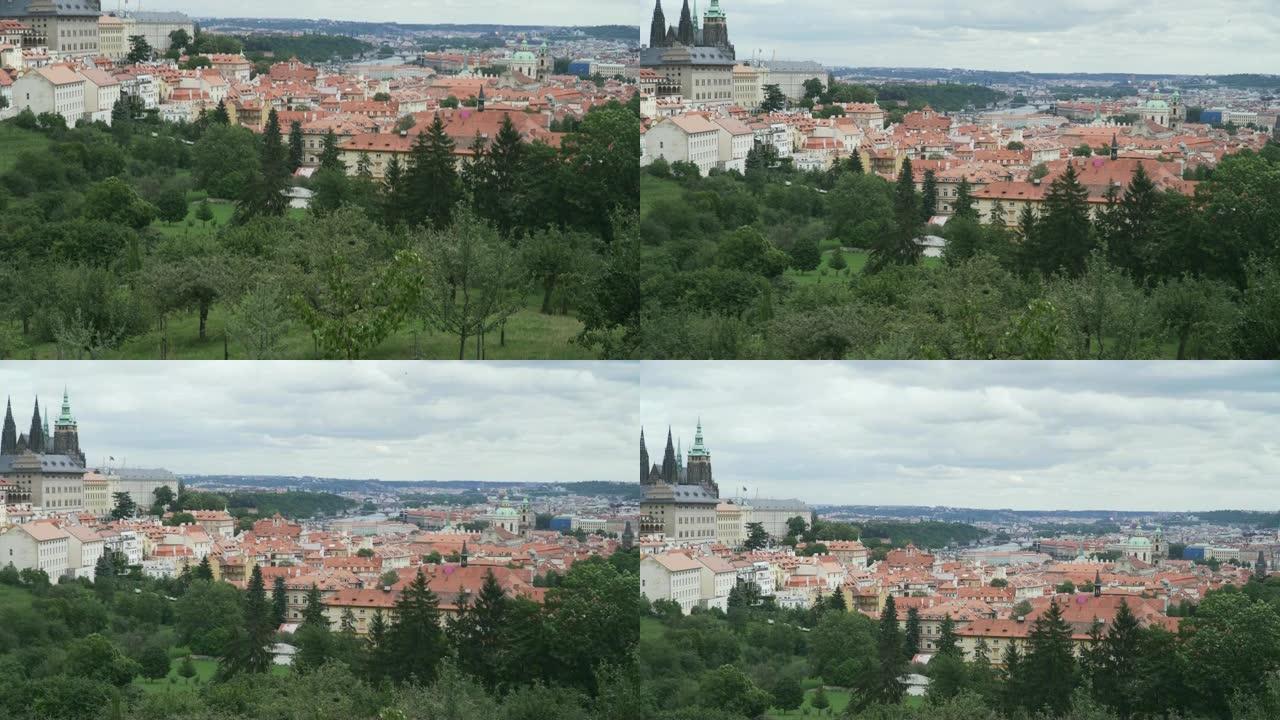 空中倾斜视图: 古老的布拉格城市在夏季山脉2018，但今天是阴天