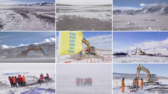 西藏阿里沼泽地暴雪中电力建设