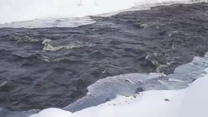 冰雪中的河水流动