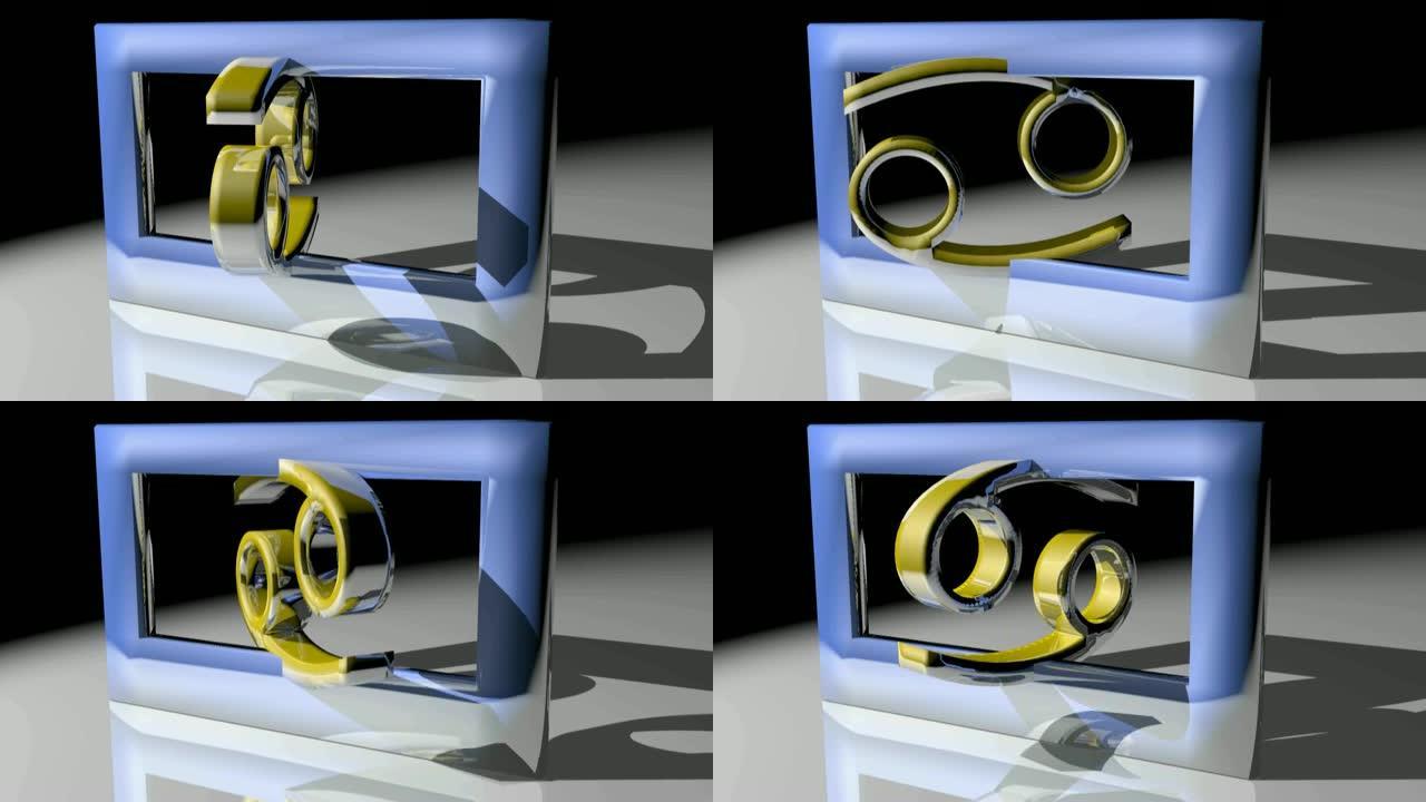 十二生肖癌症-螃蟹标志在方形蓝色框架内旋转-3D渲染视频