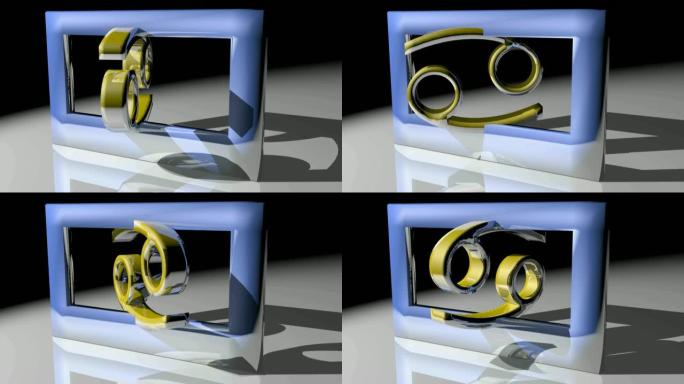 十二生肖癌症-螃蟹标志在方形蓝色框架内旋转-3D渲染视频