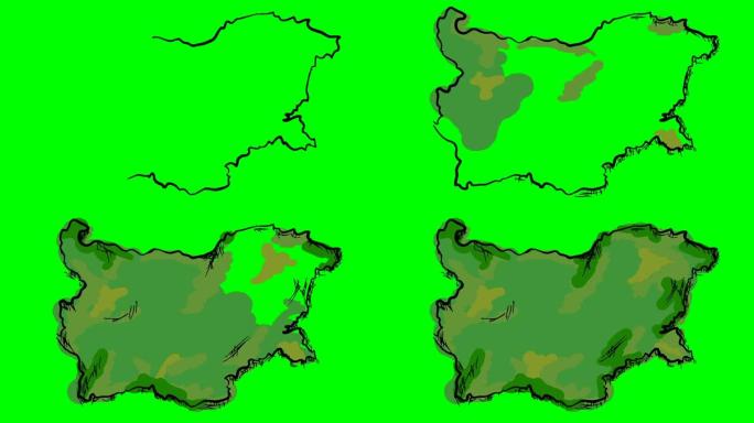 保加利亚在绿屏孤立白板上绘制彩色地图