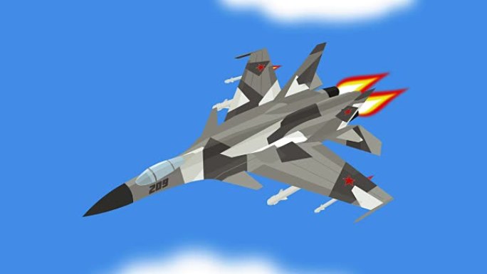 卡通俄罗斯喷气式战斗机飞行和发射导弹