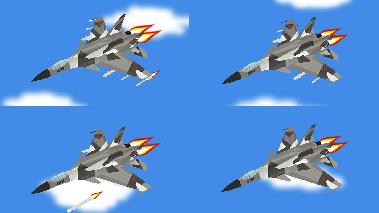 卡通俄罗斯喷气式战斗机飞行和发射导弹