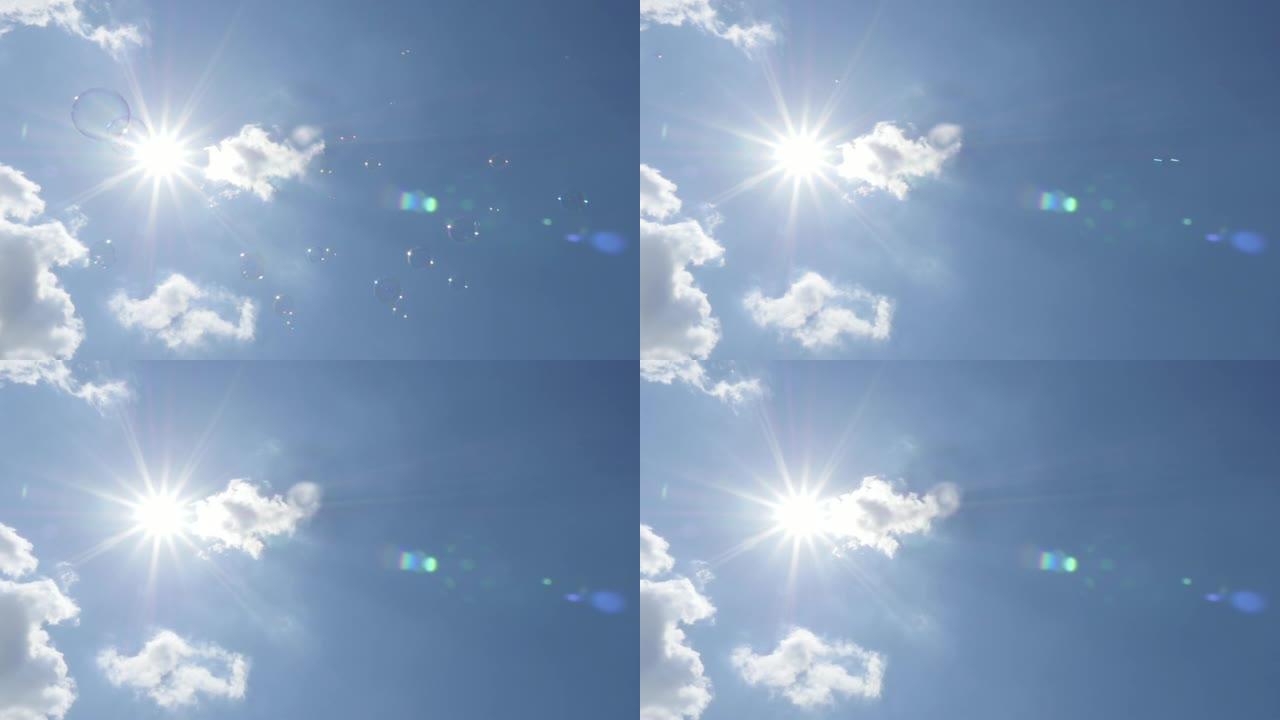 肥皂泡在空中飞舞对抗蓝天慢动作1080p全高清镜头-阳光普照和云与肥皂泡在空中慢速-mo HD 19