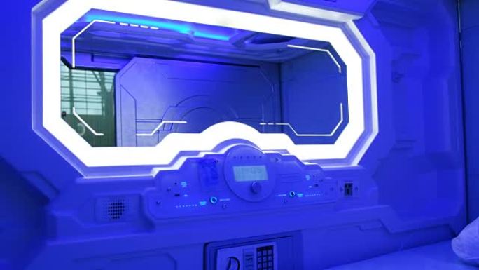带霓虹灯的睡眠盒，机场睡觉的太空舱，内部视图