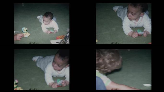 1971祖母和婴儿男婴在地毯上闲逛