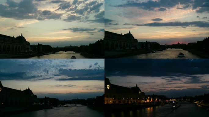 晚上的巴黎时光倒流，奥赛博物馆和塞纳河的景色，从皇家大桥拍摄