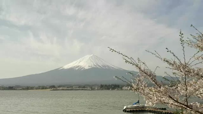 日本川口湖富士山和一艘船的万向节镜头
