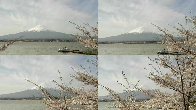 日本川口湖富士山和一艘船的万向节镜头