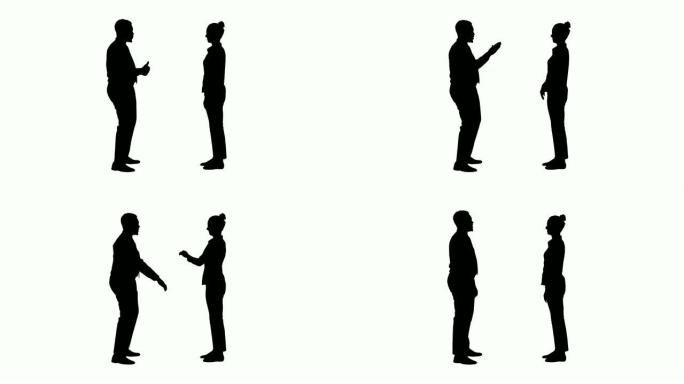 剪影年轻女子和穿着正装的年轻男子给击掌