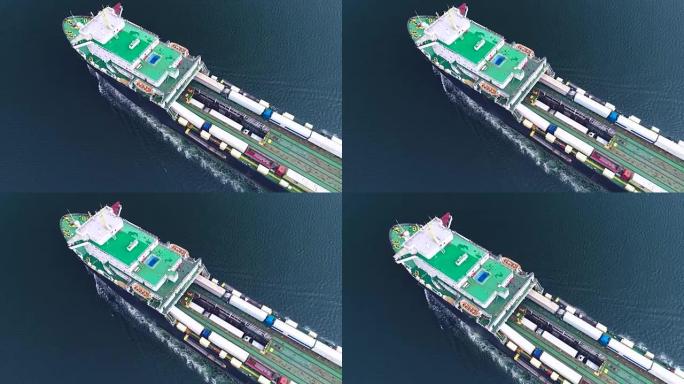 集装箱货船的空中无人机视图，进出口业务物流和国际海上船舶运输。
