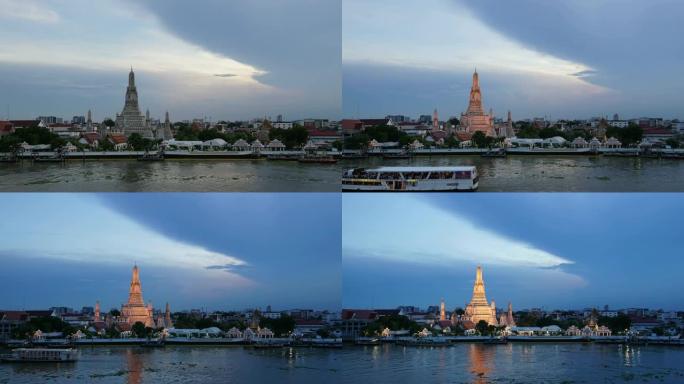 录像日夜时间流逝，美丽的日落Wat Arun temple chao phraya river，风景