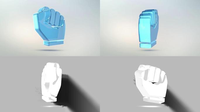 拳头图标由玻璃制成。透明旋转拳头图标，带有阿尔法通道蓝绿色。无缝循环符号3D图形