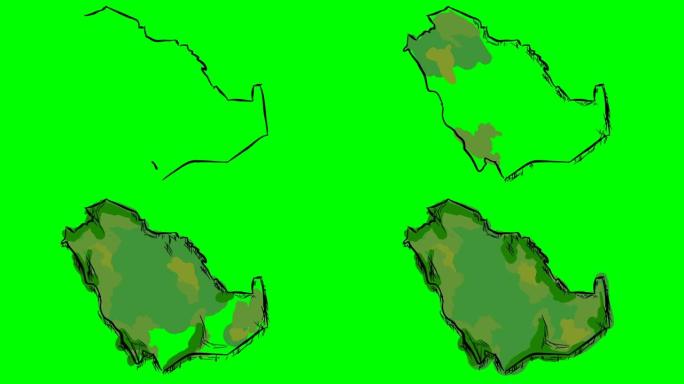 沙特阿拉伯在绿屏孤立白板上绘制彩色地图