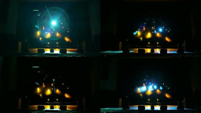 音乐会上五颜六色的舞台灯光。舞台灯光和烟雾。