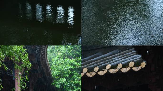 清明，谷雨，公园里仿古建筑屋檐雨滴