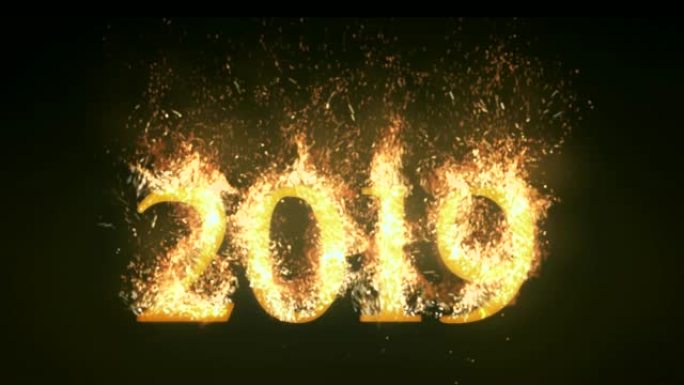 燃烧2019火字文字与火焰和烟与灰在火中上升在黑色背景与阿尔法通道，节日的概念新年快乐