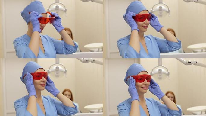 女医生在与客户合作之前，先戴上橙色的护目镜。