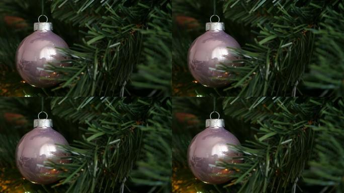 闪亮的圣诞树摆设浅dop 4K 2160p 30fps超高清镜头-粉色反光圆形装饰新年夜装饰3840