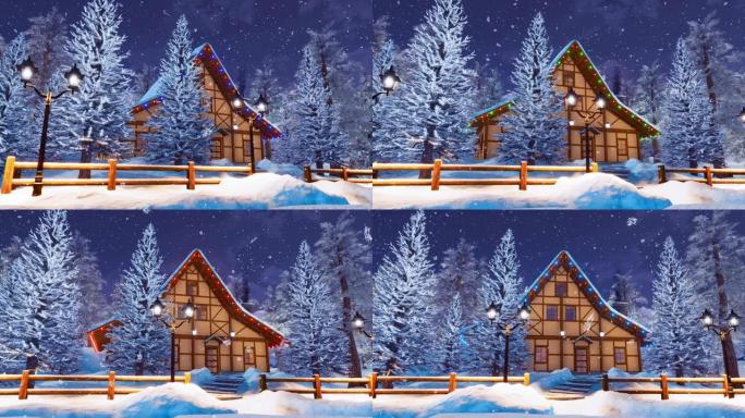 白雪皑皑的冬夜高山木房3D动画