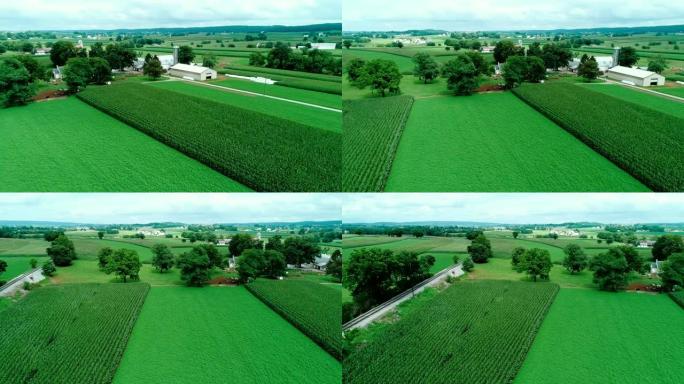 无人机拍摄的阿米什乡村和农田的火车轨道