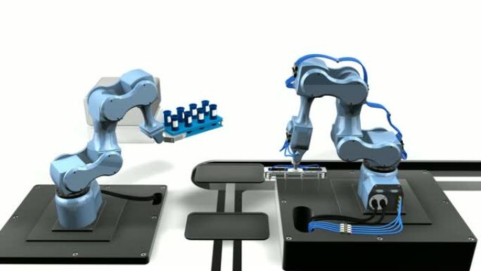 具有两个机械臂的自动化实验室的3D动画从白色背景上的试管托盘中取样