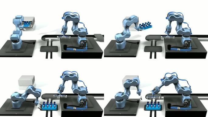 具有两个机械臂的自动化实验室的3D动画从白色背景上的试管托盘中取样