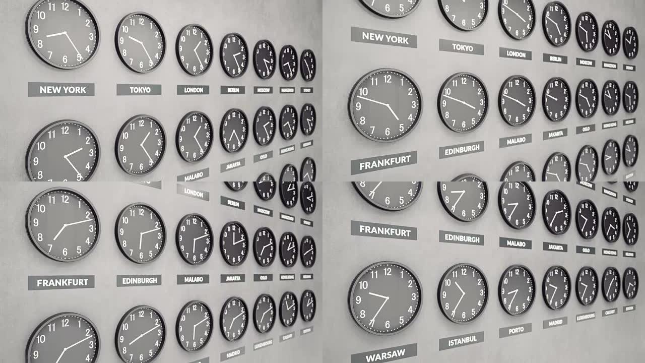 黑白相间的混凝土墙上的圆形时钟显示着不同城市的时间。表示格林尼治标准时间的符号。