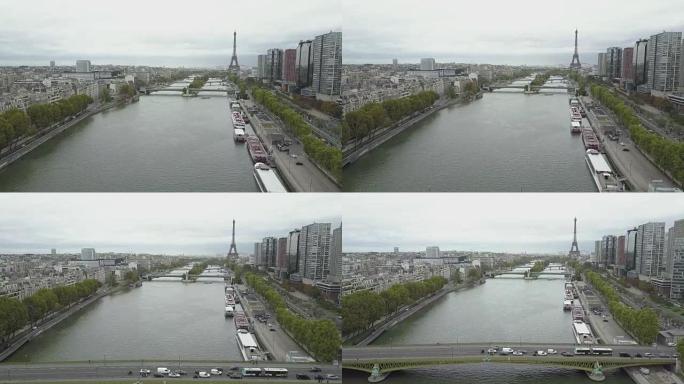 巴黎的航拍镜头，塞纳河和埃菲尔铁塔