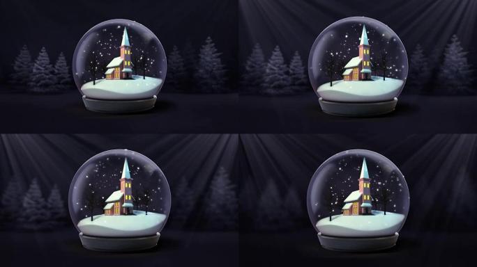 黑暗之夜森林动画中的基督教教堂雪球降雪