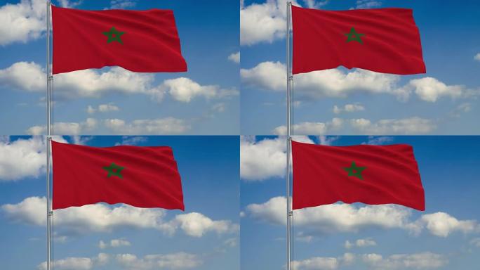 摩洛哥国旗映衬着漂浮在蓝天上的云朵