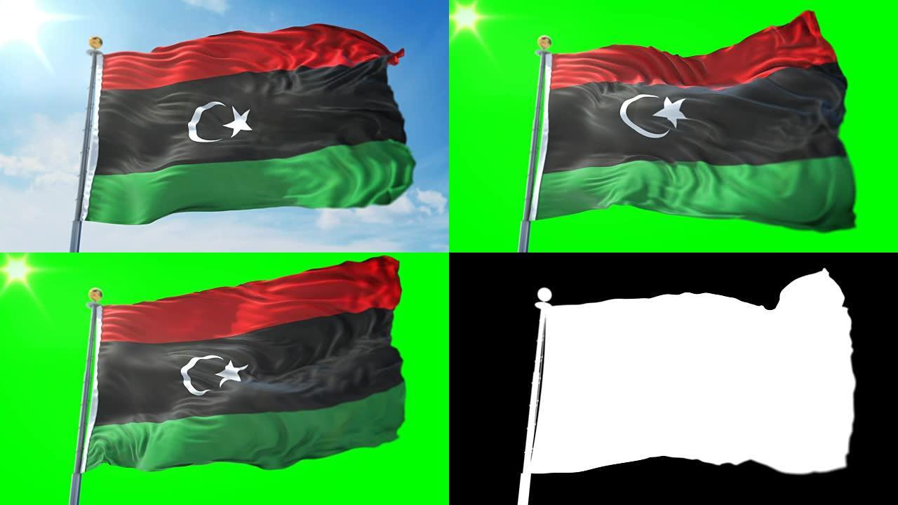 利比亚国旗无缝循环3D渲染视频。美丽的纺织布织物环摆动
