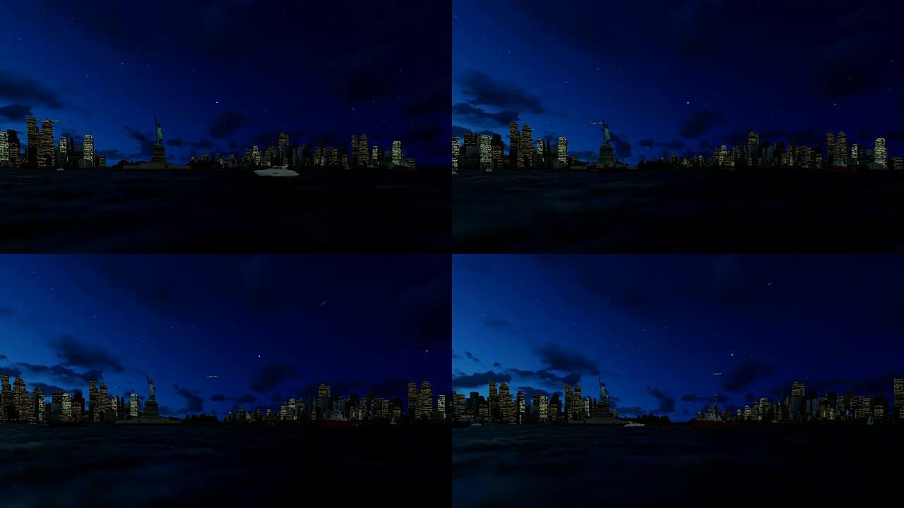 自由女神像和夜晚的曼哈顿，星空下的纽约市，4K