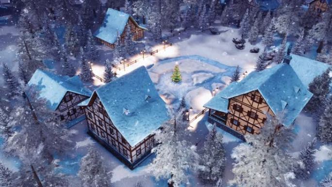 白雪皑皑的阿尔卑斯山村圣诞夜顶视图3D动画