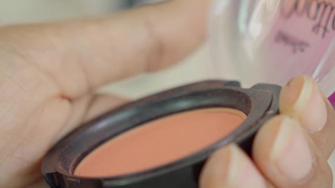 化妆师使用粉刷从化妆调色板中取一种颜色