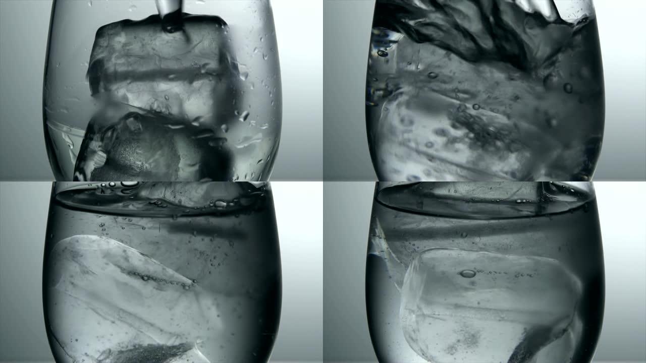 用冰块将水变成玻璃慢动作