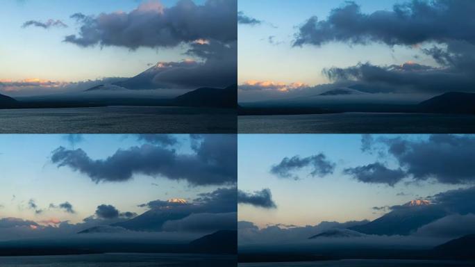 在日本中部地区山梨县本津湖，傍晚时分用云放大4k富士山