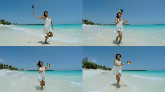 加勒比海海滩上的民族女孩连衣裙自拍照