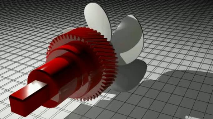 红色齿轮与机械关节是旋转与白色螺旋桨，在一个线框表面- 3D渲染视频